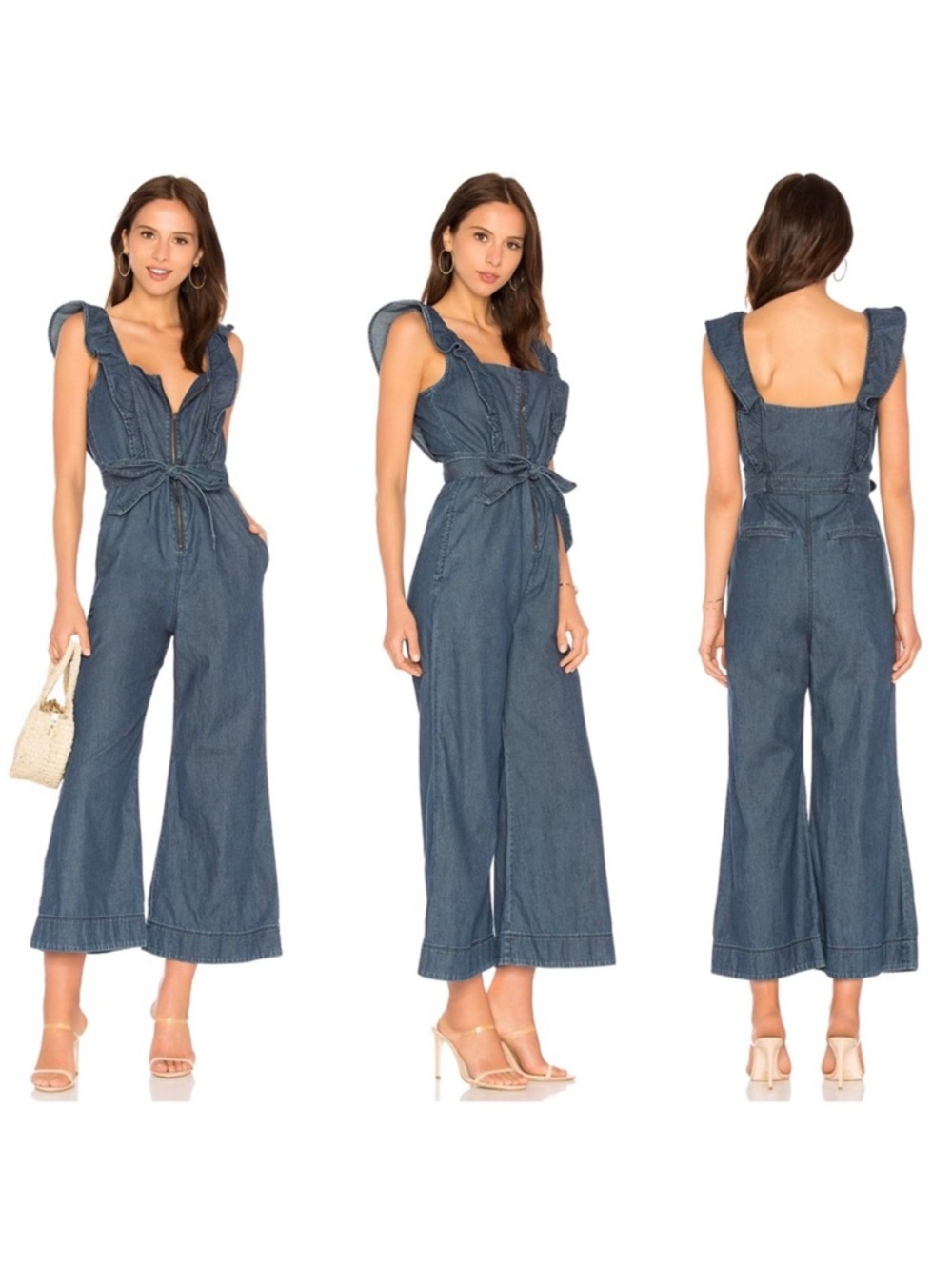 Free People Sun Valley Ruffled Belted Denim Jumpsuit Sz-4